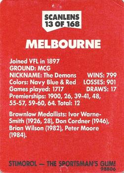 1989 Scanlens VFL #13 Melbourne Emblem Back